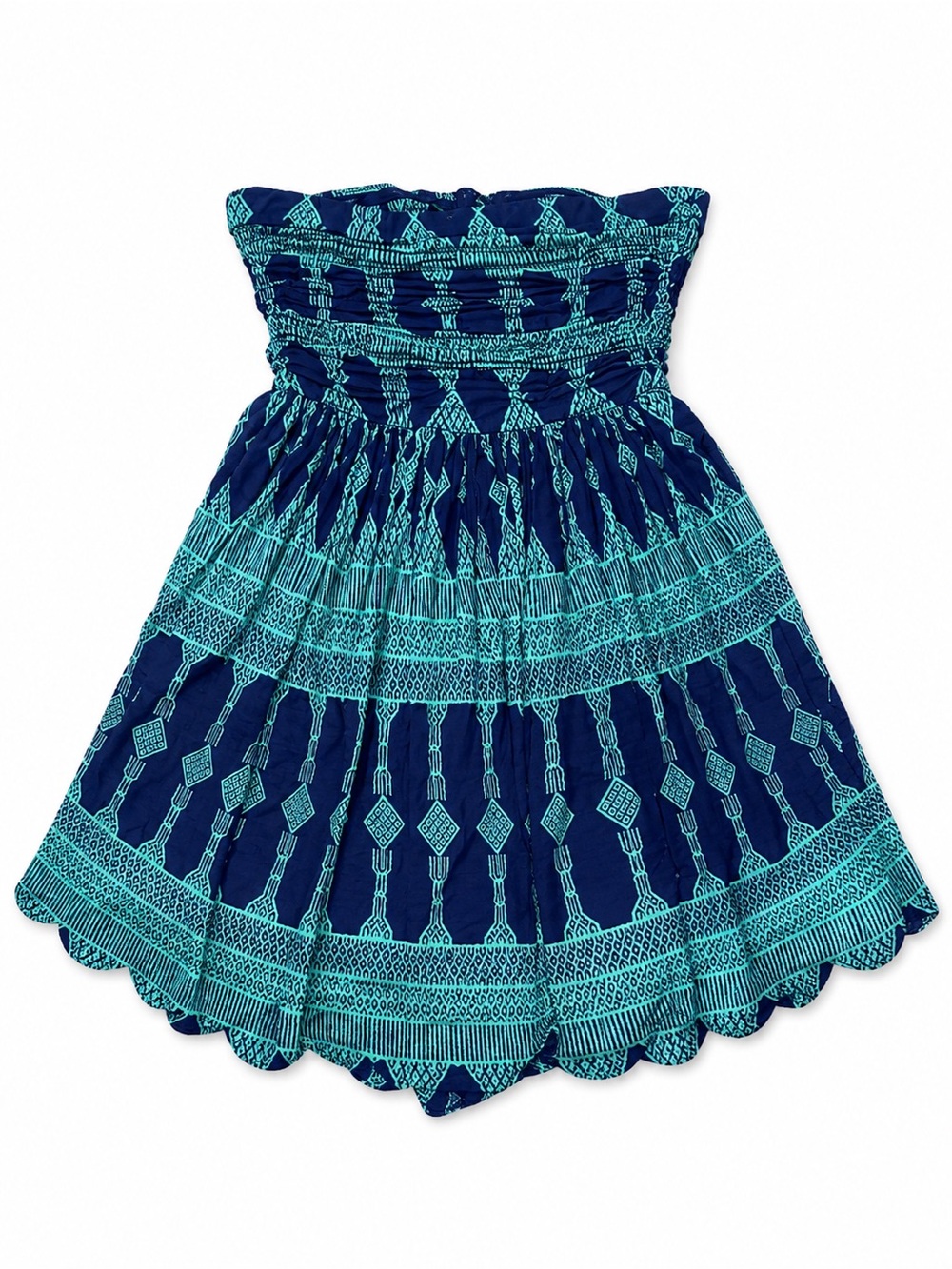 Plenty by Tracy Reese Strapless Dress Pockets Navy Teal Print Zip Back Size P